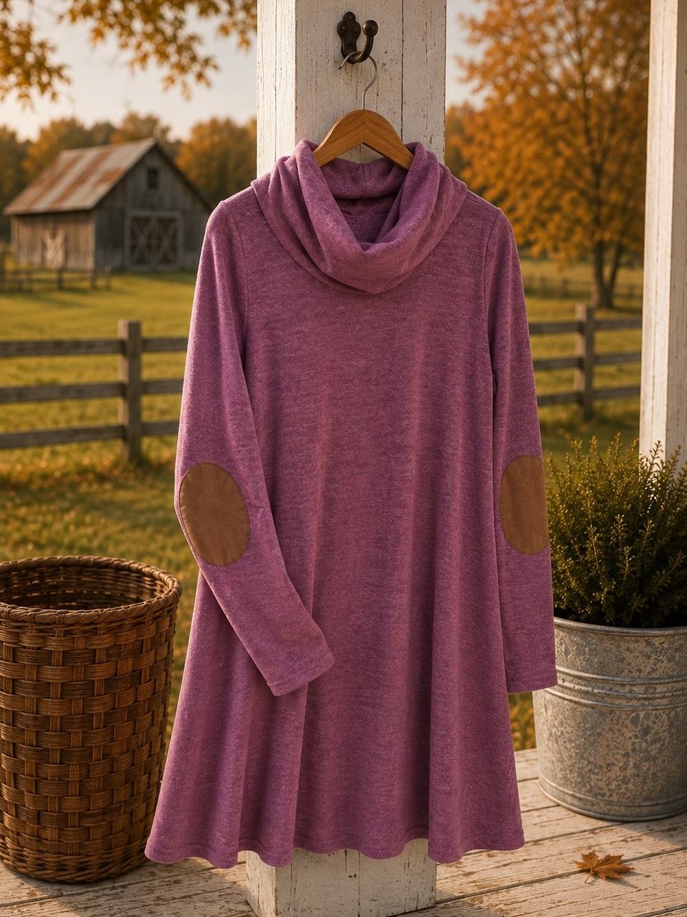 Sweet Pea USA Cowl Neck Tunic Sweater XL Mauve Elbow Patch Swing Knit Soft Top